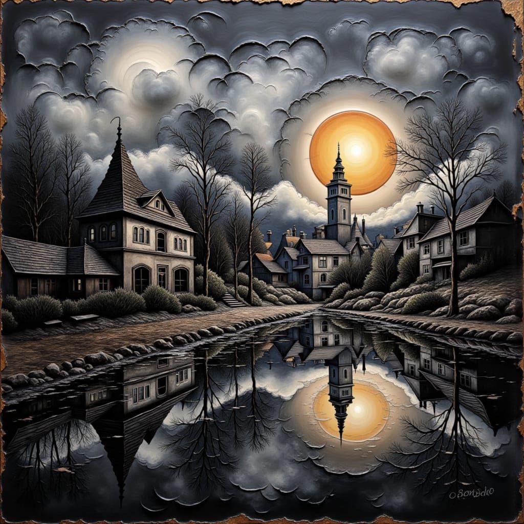 Black Encaustic City in Clouds Under Red Veil