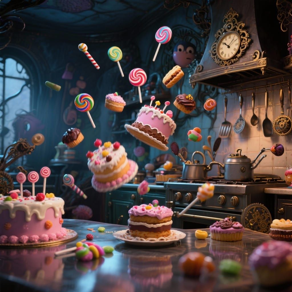Whimsical Cake Kitchen in Tim Burton Style