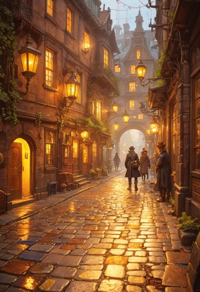 Steampunk Victorian Street at Night