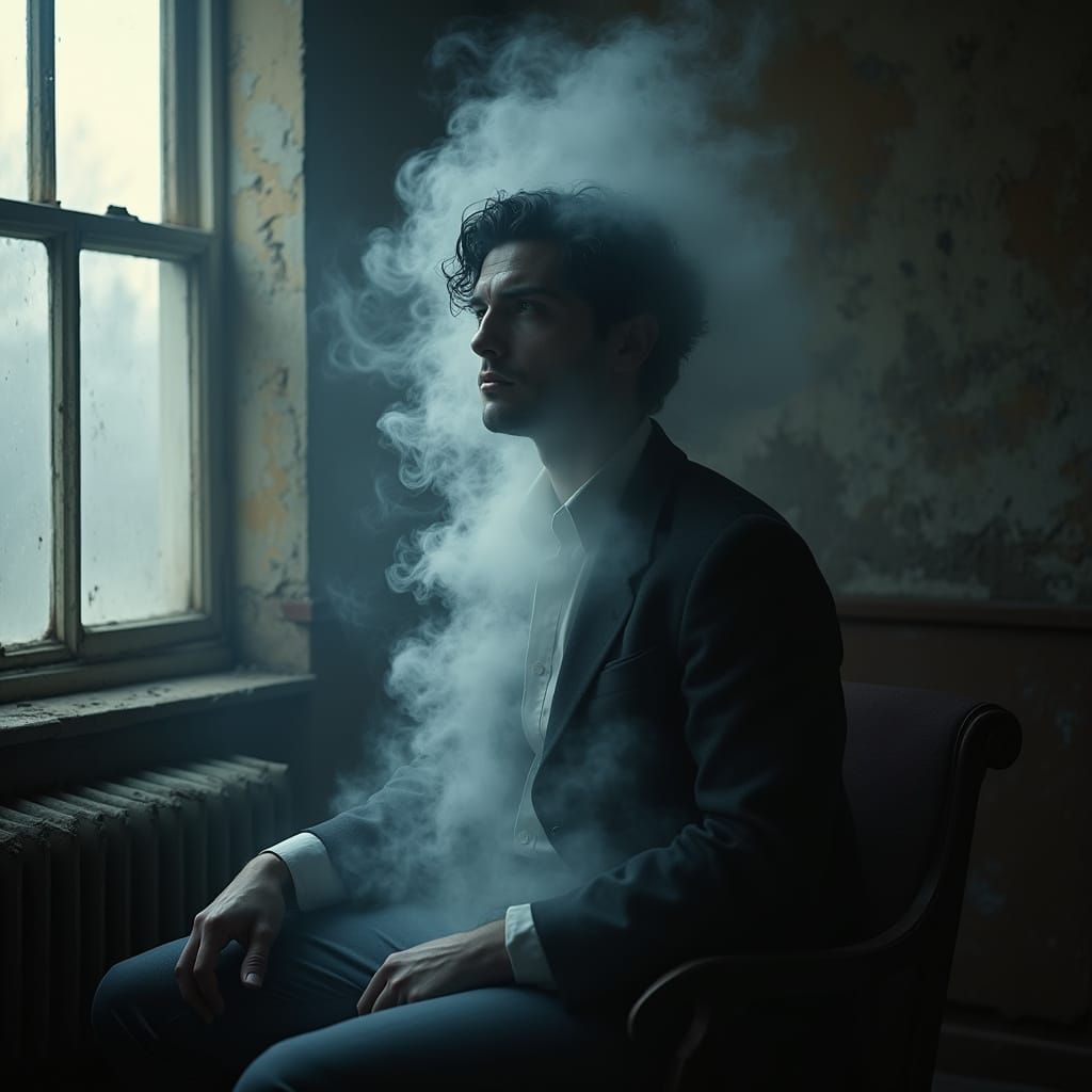 Ethereal Smoke Man in 1950s Attire, 1950s Sitting Room