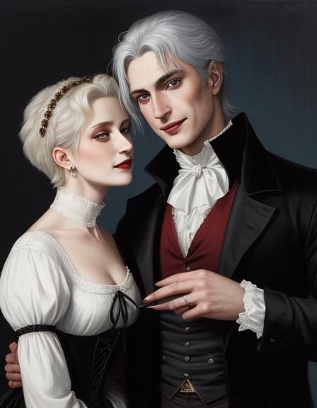 Vampire Couple Portrait in 1800s Oil Painting Style