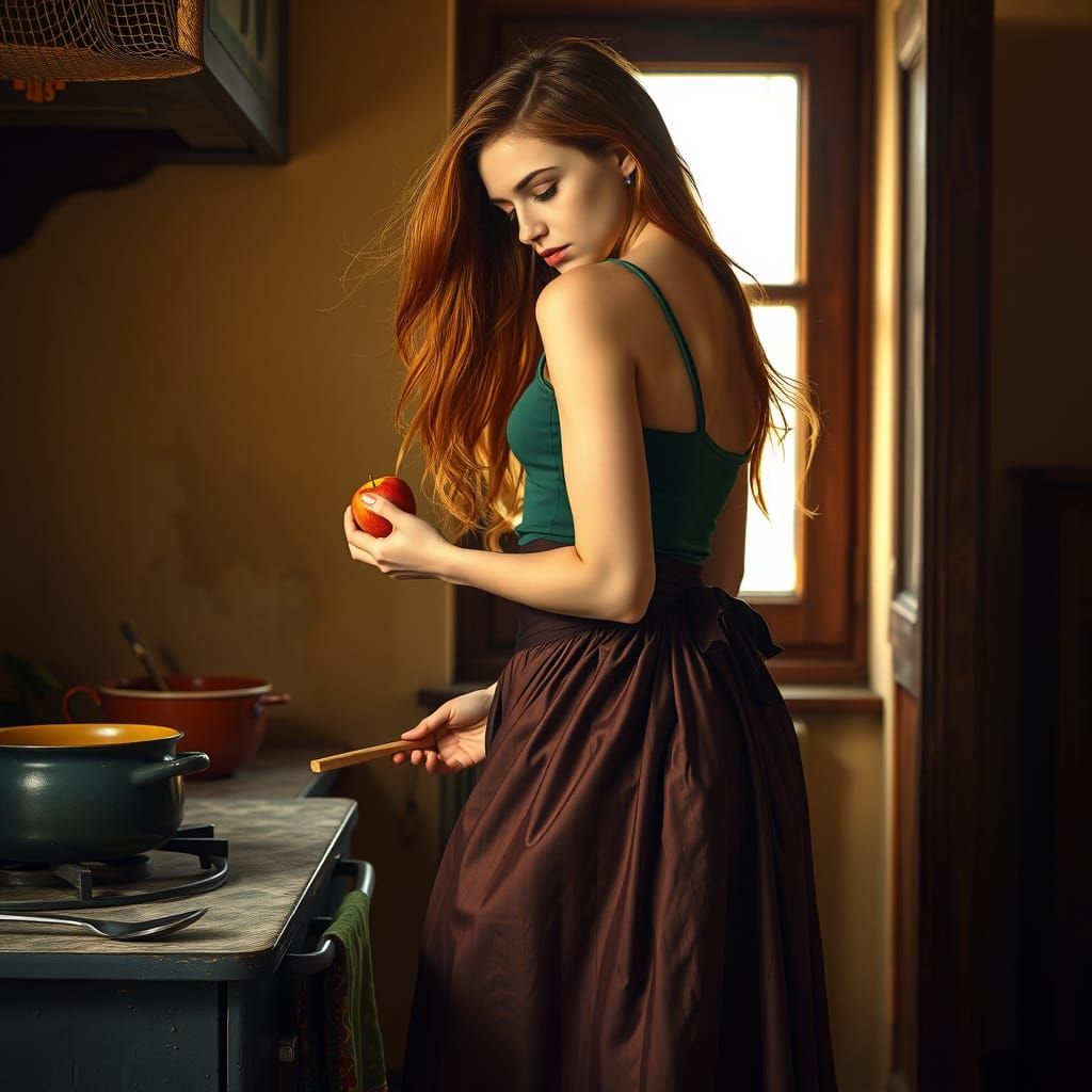 Elegant Woman in Green Tank Top Contemplates Apple