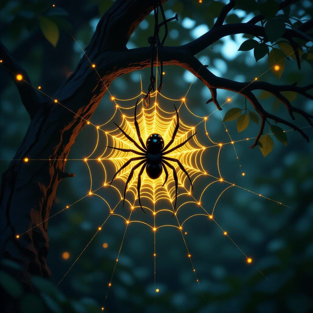 Glitched Black Widow Spider in Cyberpunk Forest