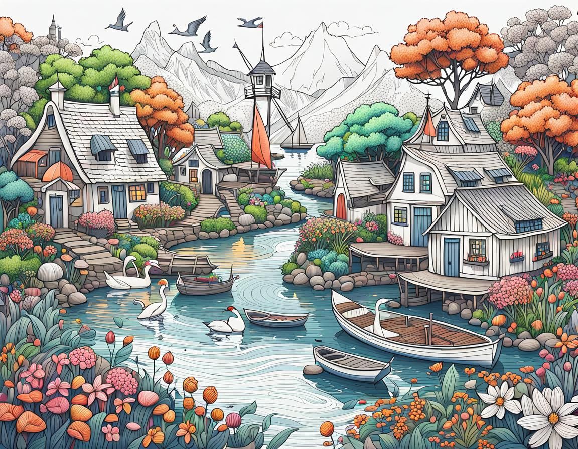 Doodle Art: Waterfront Wonderland in Sketchy Style