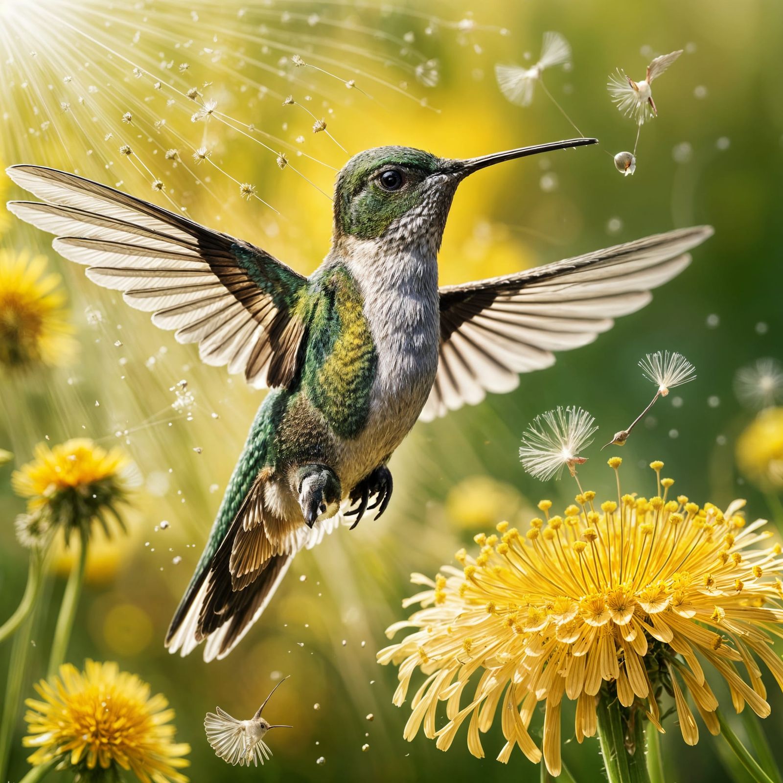 Hummingbird Hovering Over Dandelion Field in Hyperrealistic ...