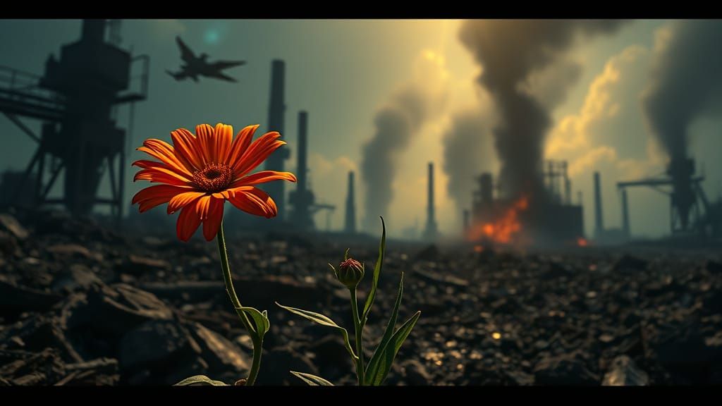 Hope Blooms in a Dystopian Landscape, Cyberpunk Aesthetic