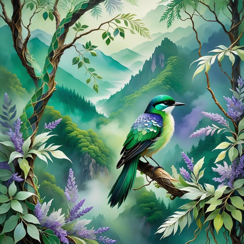 Emerald Bird in Misty Mountains: Asian-Inspired Digital Art