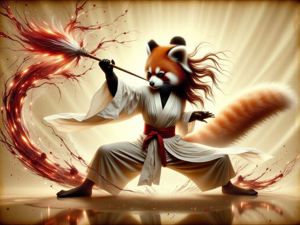 Martial Arts Red Panda in Flowing White Robes Strikes a Pois...