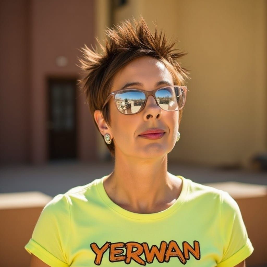 Woman in Mirrored Sunglasses and Yellow 'Yerwan' Tee