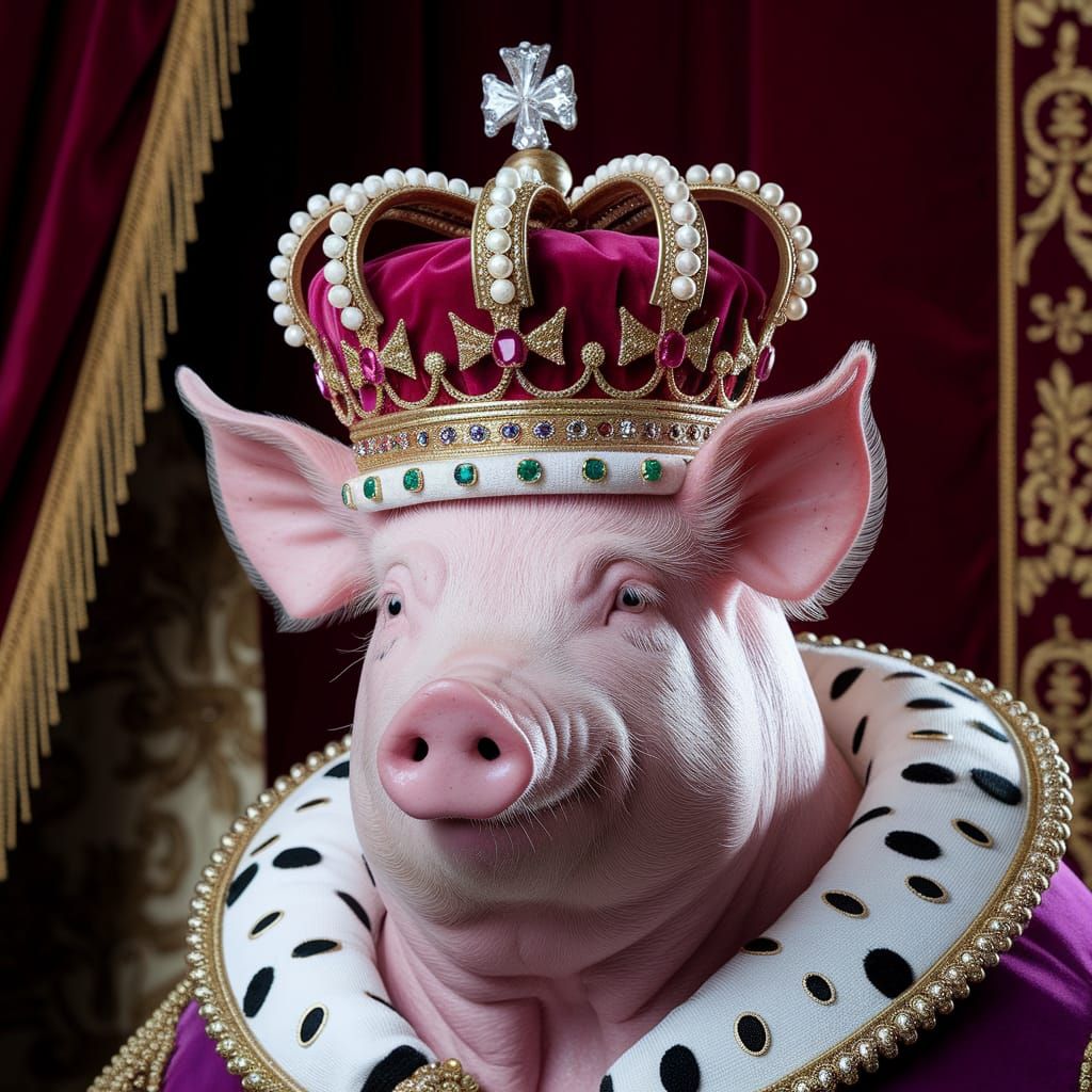Rococo Crowned Pig in Opulent Regal Portrait