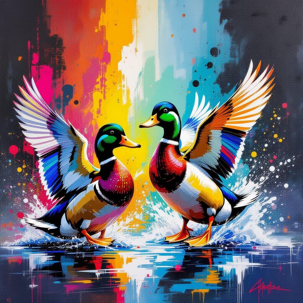 Vibrant Ducks in Hyper-Realistic Graffiti Art Style