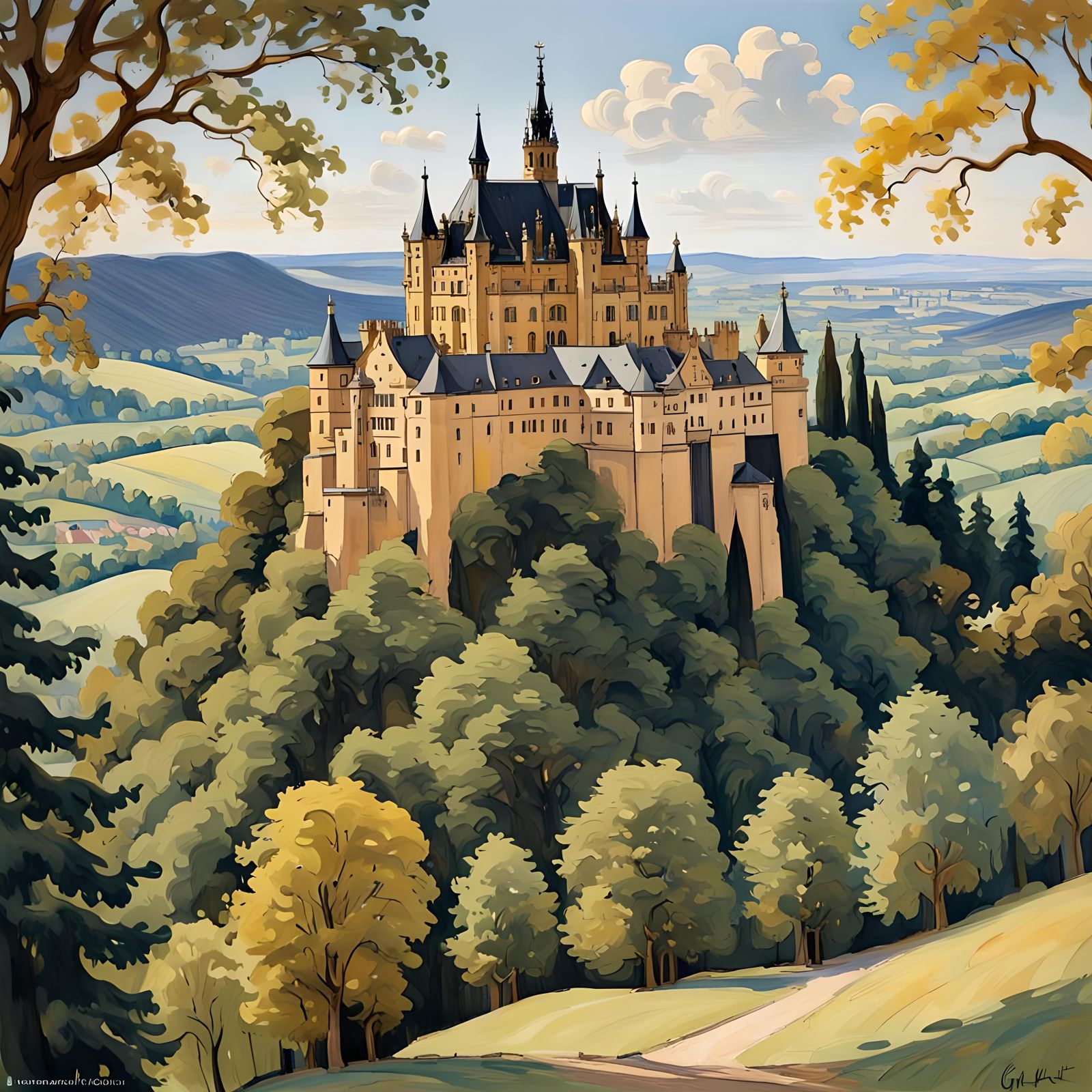 Hohenzollern Castle: Gouache Architectural Sketch in Klimt S...
