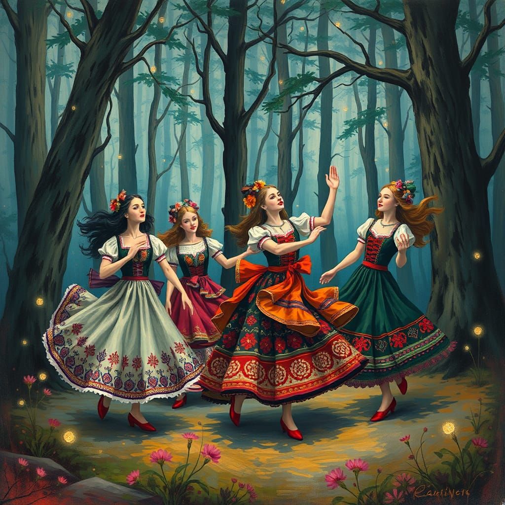 Beryozka Dance in Dreamlike Forest, Chagall Style