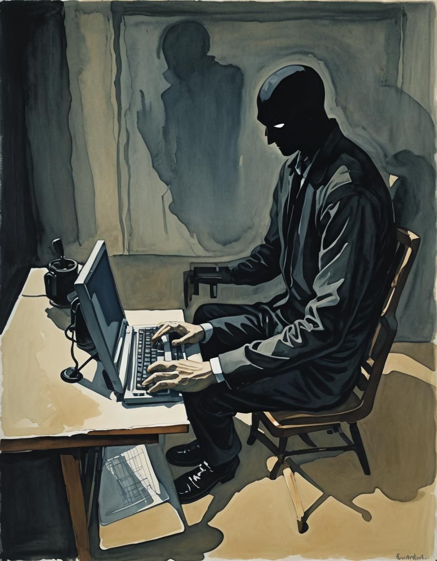 Shadow Figure at Computer in Gouache Surrealism