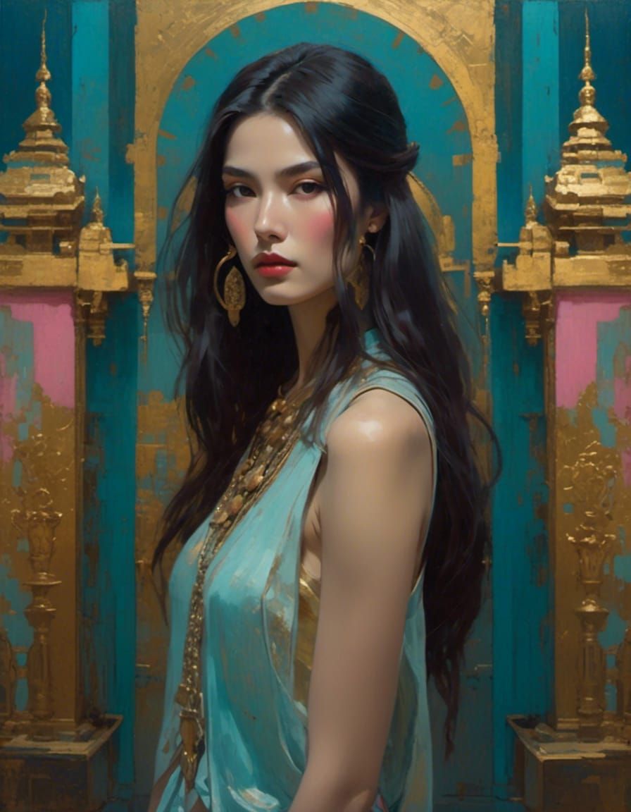 Woman in Blue Temple: Post-Impressionist Oil Painting