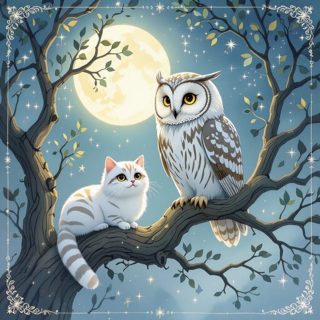 Moonlit Tree with Owl and Cat, Watercolor Fantasy