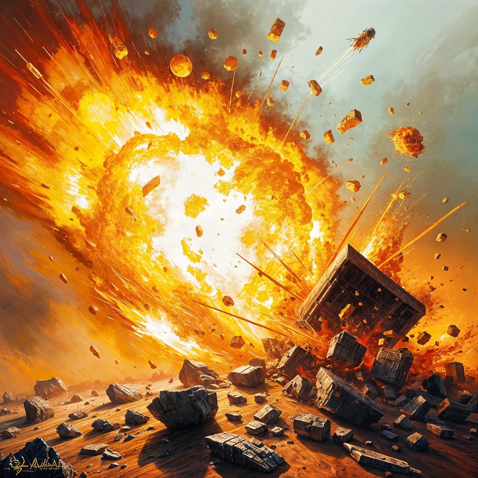 Explosive Magical Fireball Impact as Oil Painting