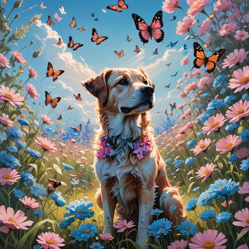 Hyper-Realistic Dog and Person in Flower Field