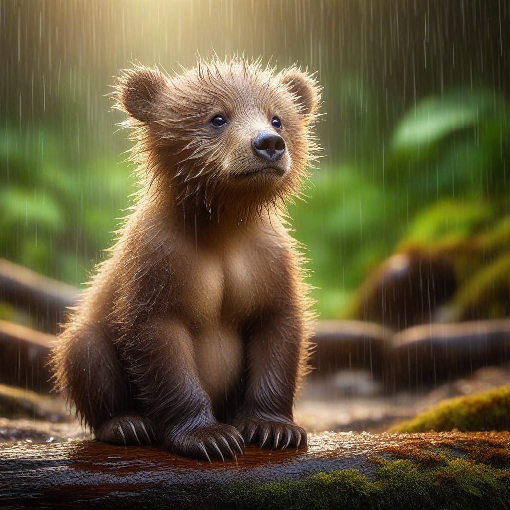 Surreal Bear Cub Portrait in Rainforest Setting
