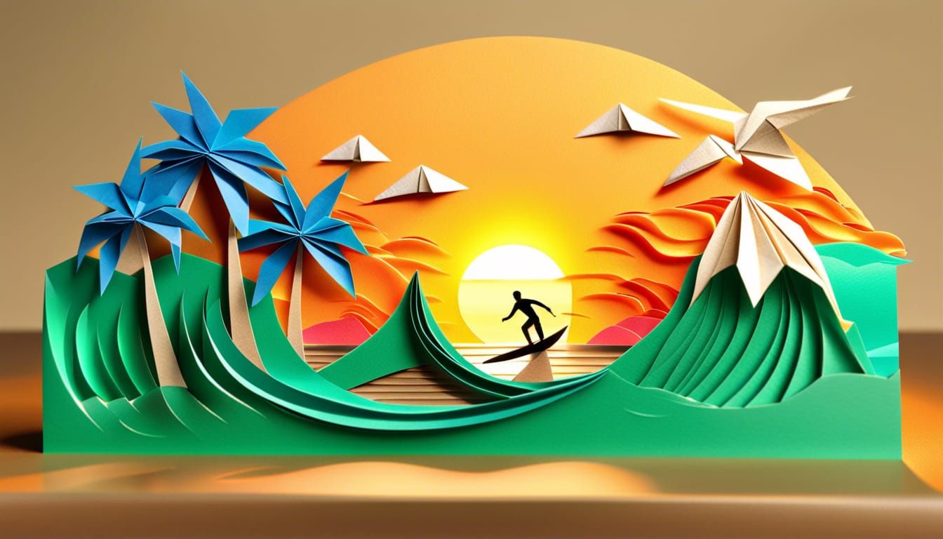 Origami Surfer Rides Sunset Wave on Hawaiian Beach