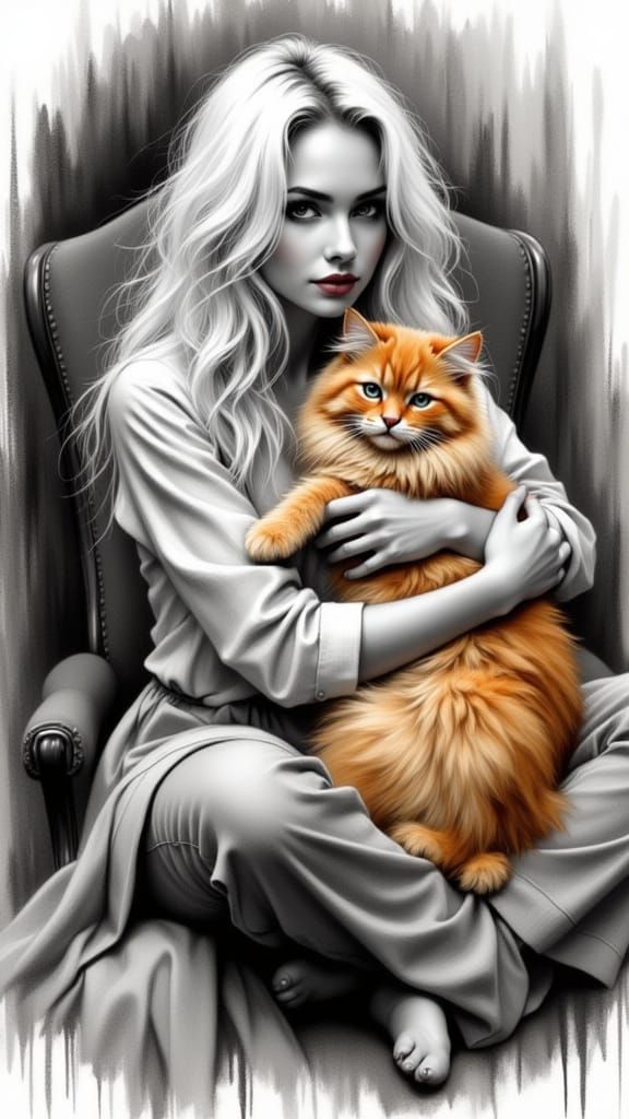 Hyperrealistic Pencil Drawing of a Bombshell and Persian Cat