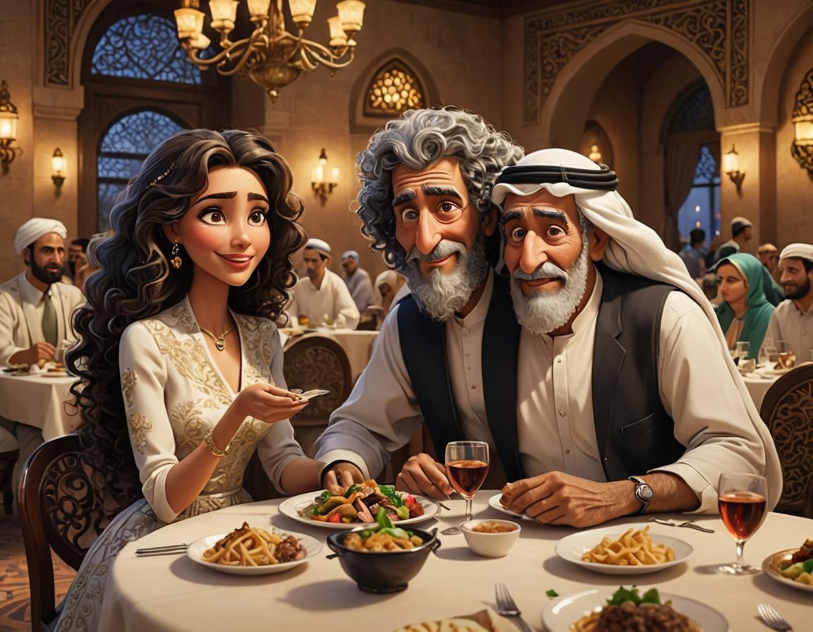 Pixar-Style Arabic Couple Dining in Saudi Restaurant