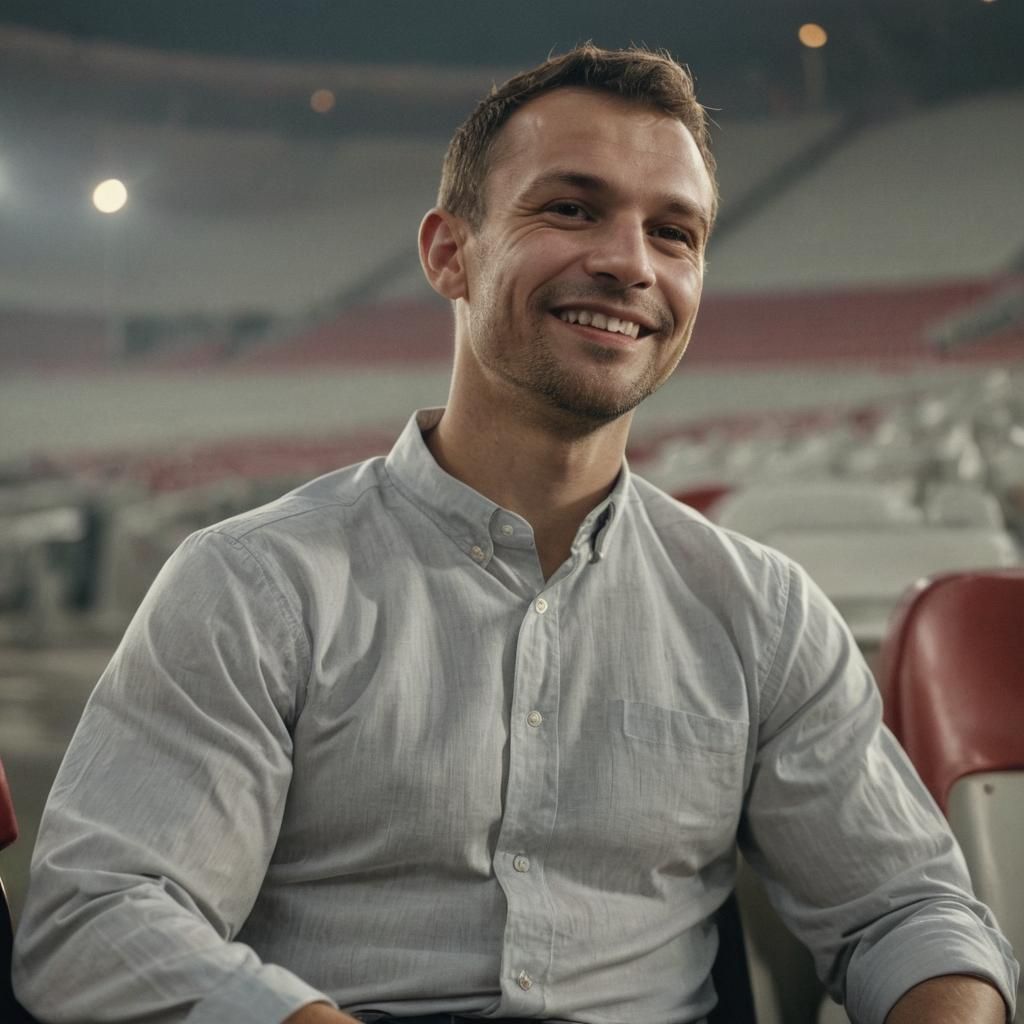 Photorealistic Portrait of Smiling Man in Stadium