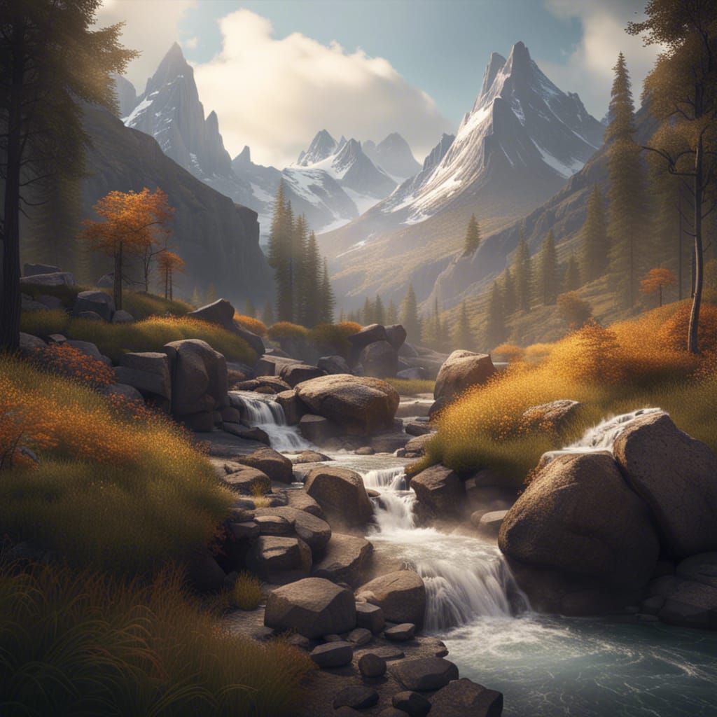 Epic Fantasy Mountain Landscape in Digital Art Style