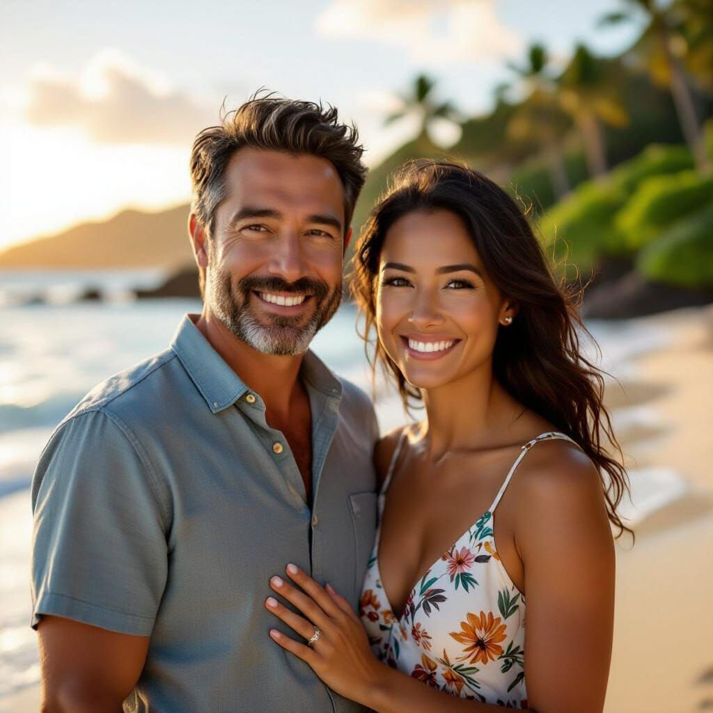 Joyful Couple on Hawaiian Beach at Golden Hour