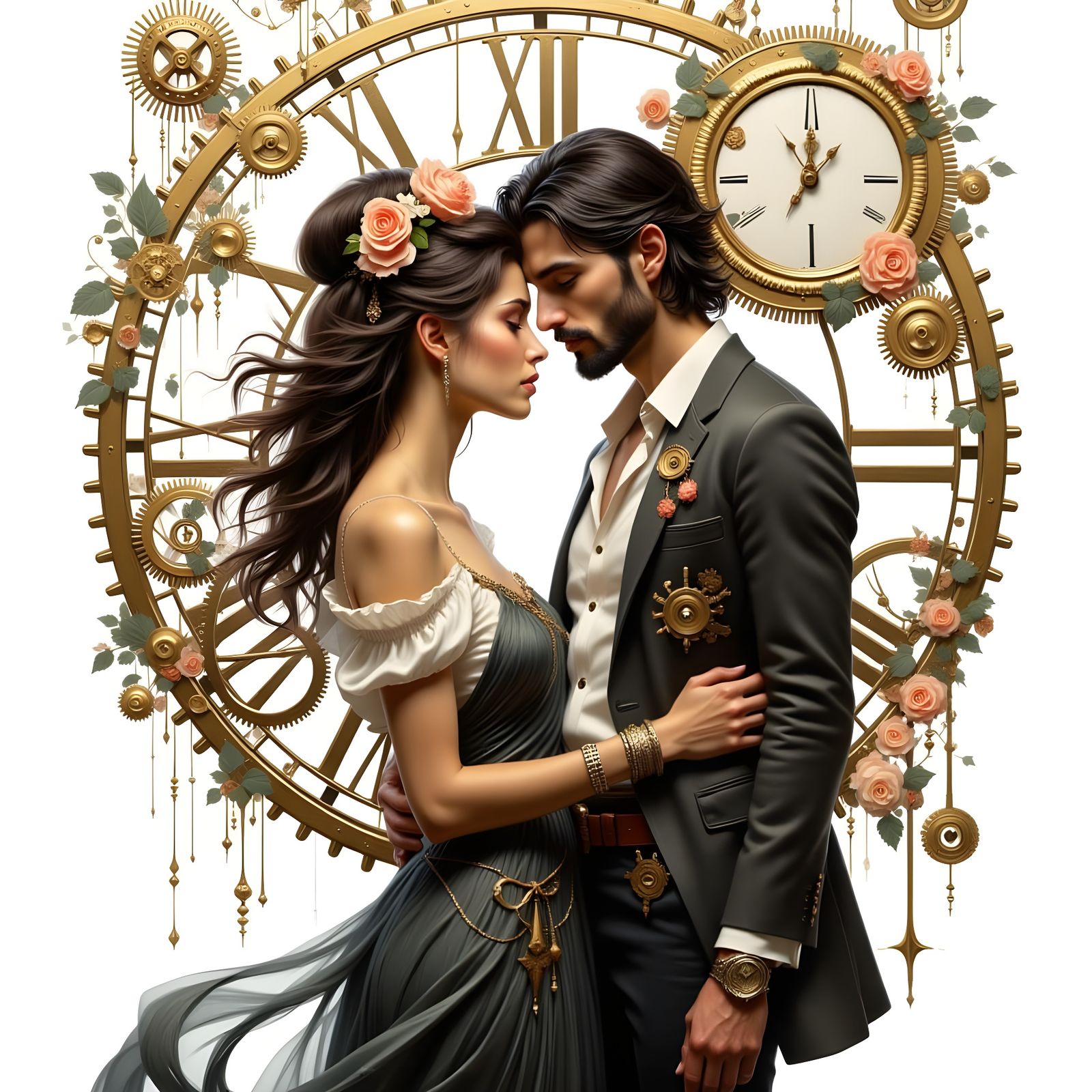Steampunk Couple in Love with Clockwork Gears and Floral Mot...