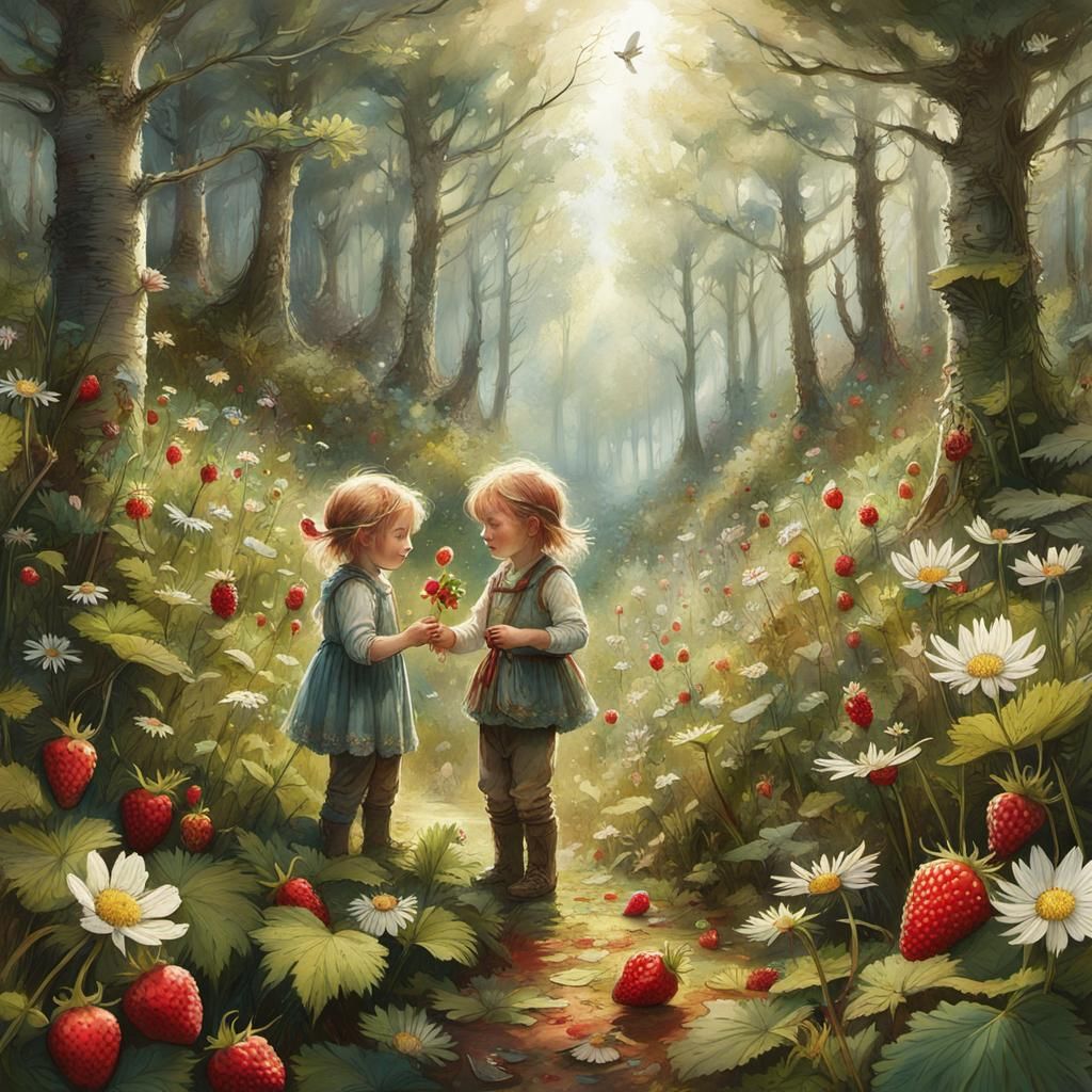 Toddler Siblings Picking Strawberries: Fantasy Concept Art
