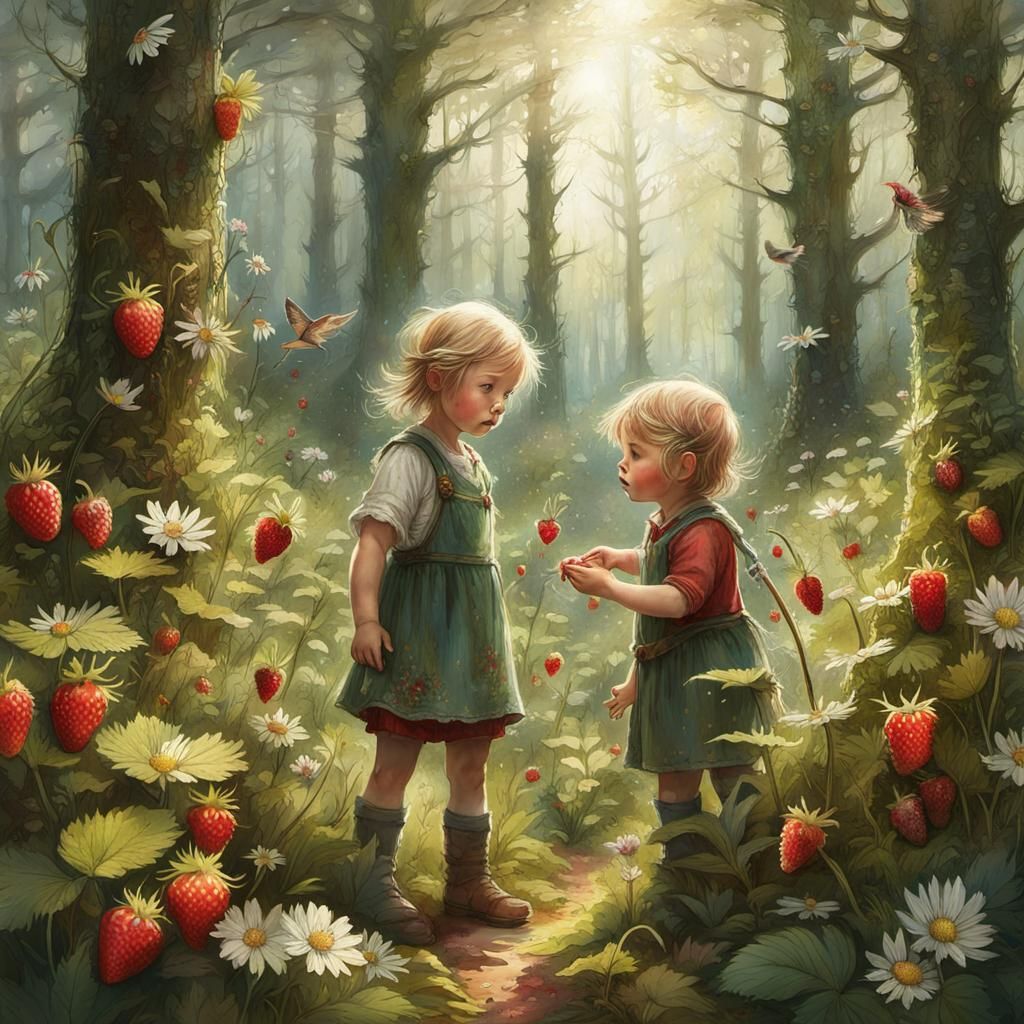 Whimsical Toddler Siblings Pick Wild Strawberries in a Vibra...