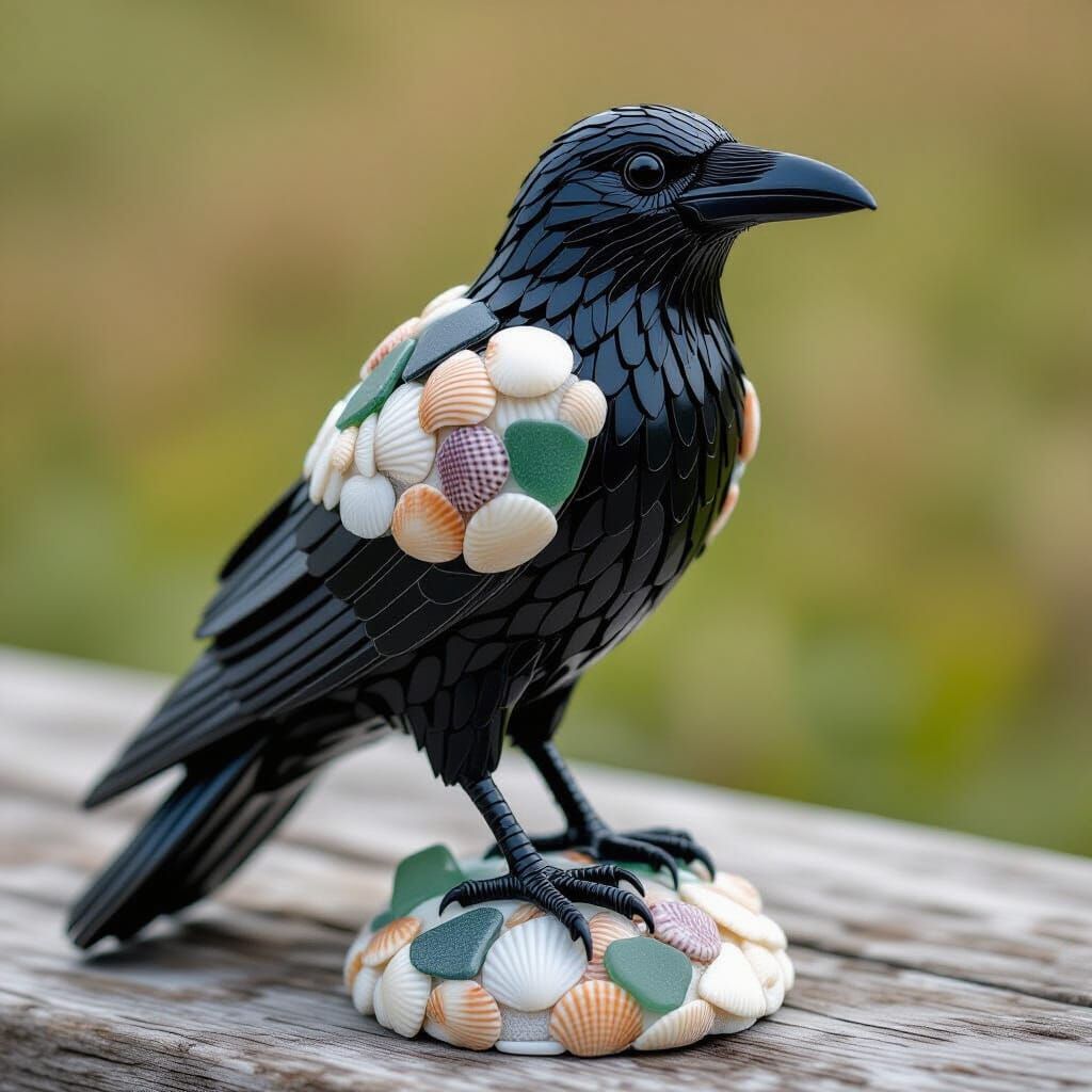 Seashell Raven Sculpture: A Coastal Creation