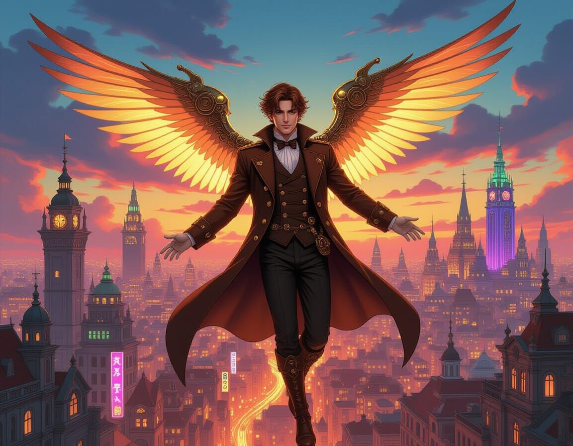 Steampunk Wings Carry Victorian Man Over Anime City