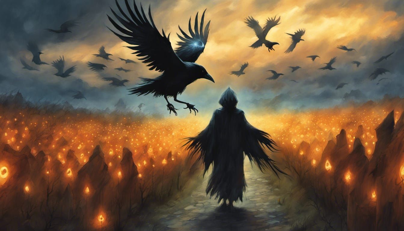 Crow Reaper Escorting Souls: Ghibli-Inspired Digital Art