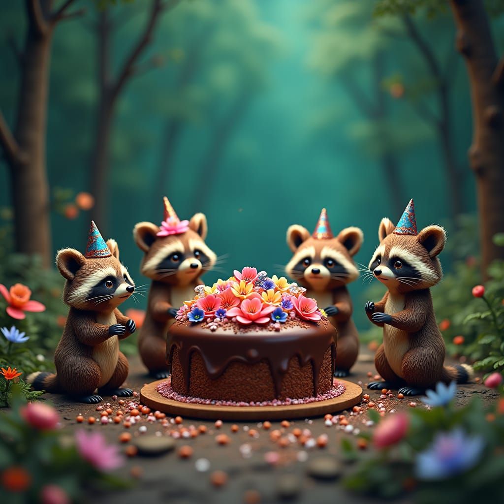 Raccoons and Olingos Enjoying Cake: Fantasy Concept Art