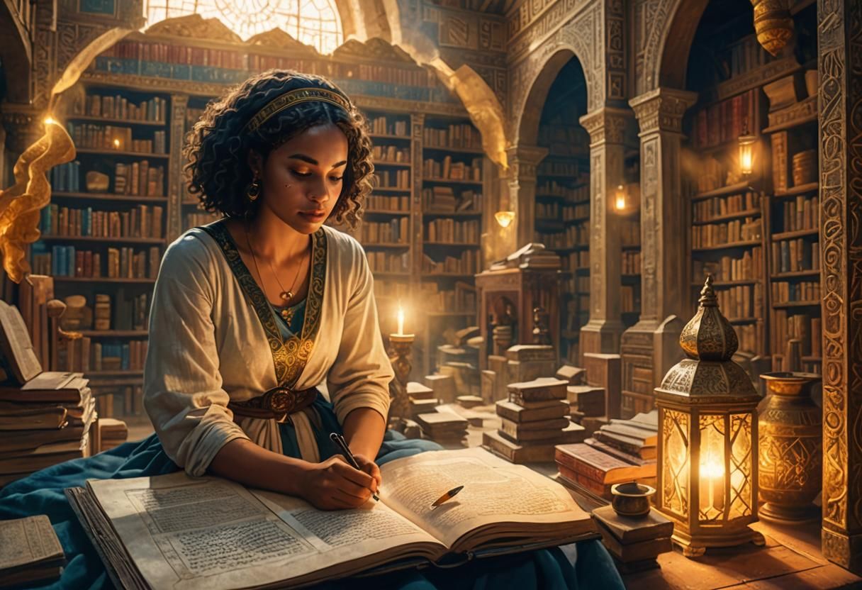 Woman Writing in Ancient Library: Fantasy Concept Art