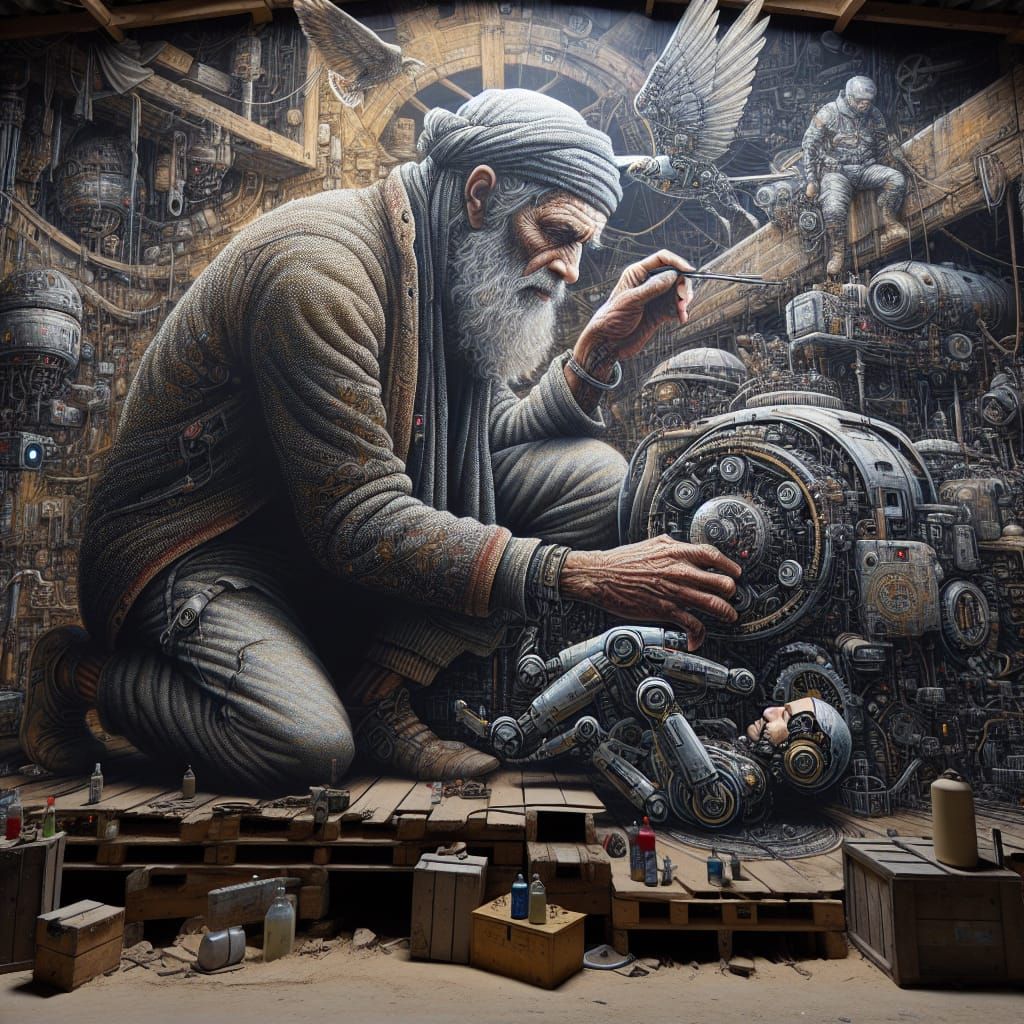 Maximaliistic A Despondent Old man repairing a mechanical robot in a retro Space ship hanger by Thomas Hirschhorn by shi...