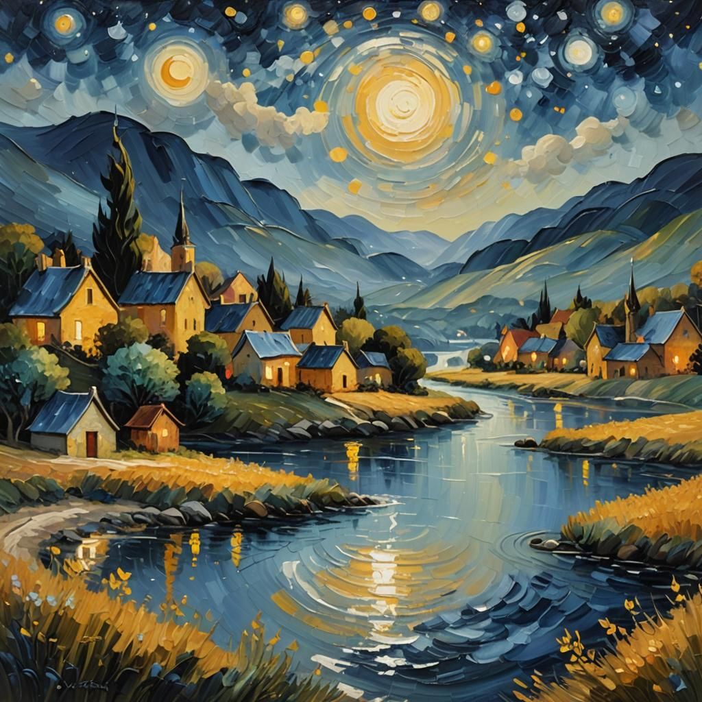 Impressionist Village Under Swirling Starry Night Sky