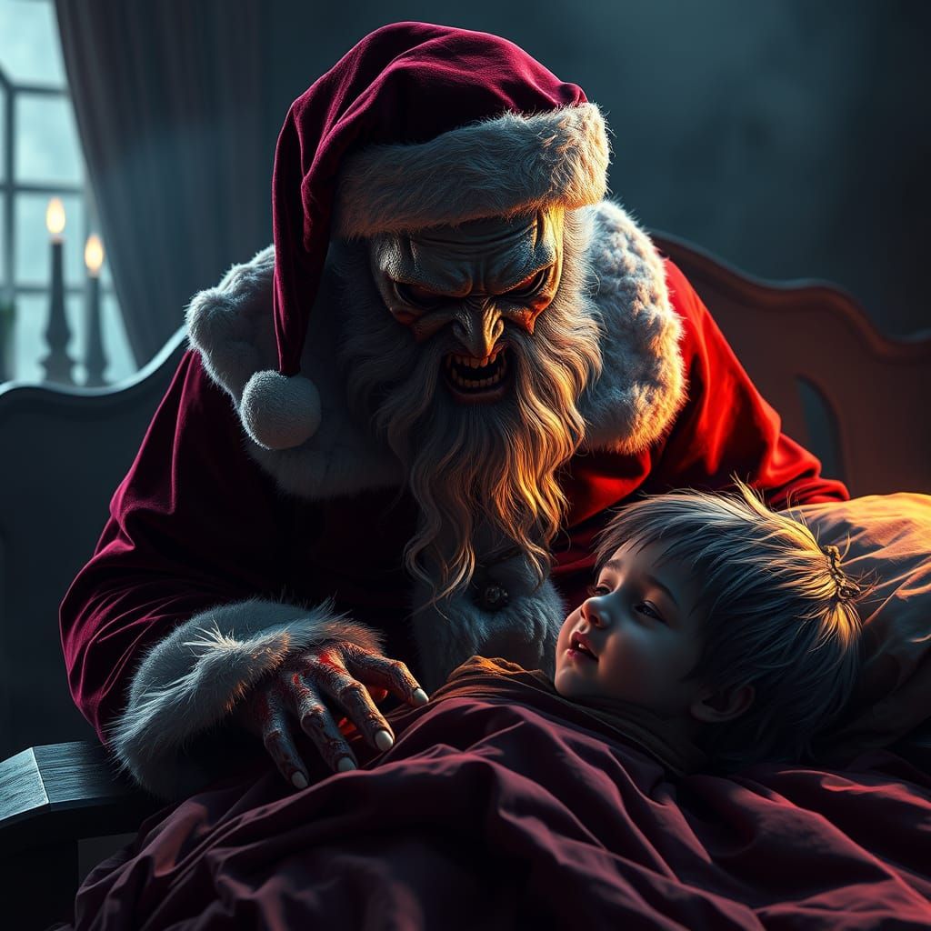 Vampire Santa Terrorizes Children in Dark Fantasy Art