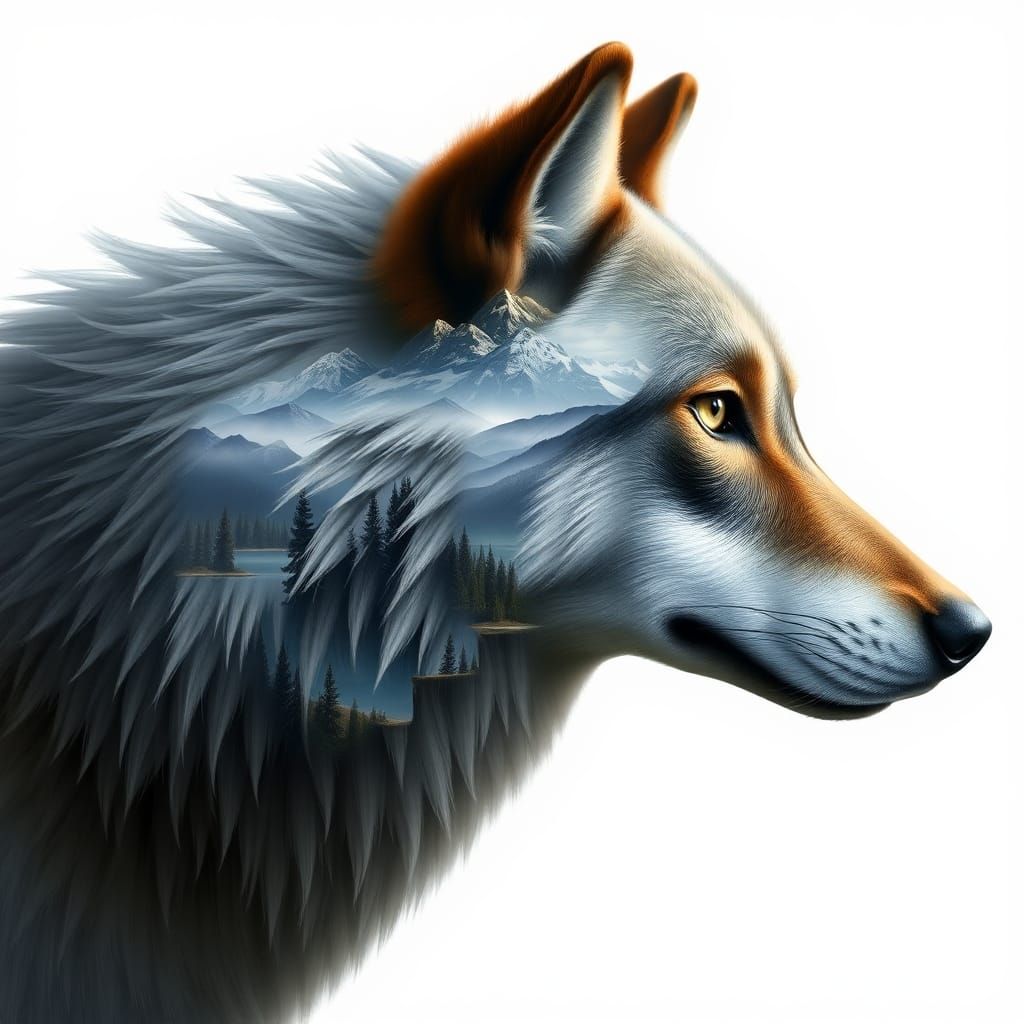 Wolf's Head with Landscape, Dreamlike Scenery