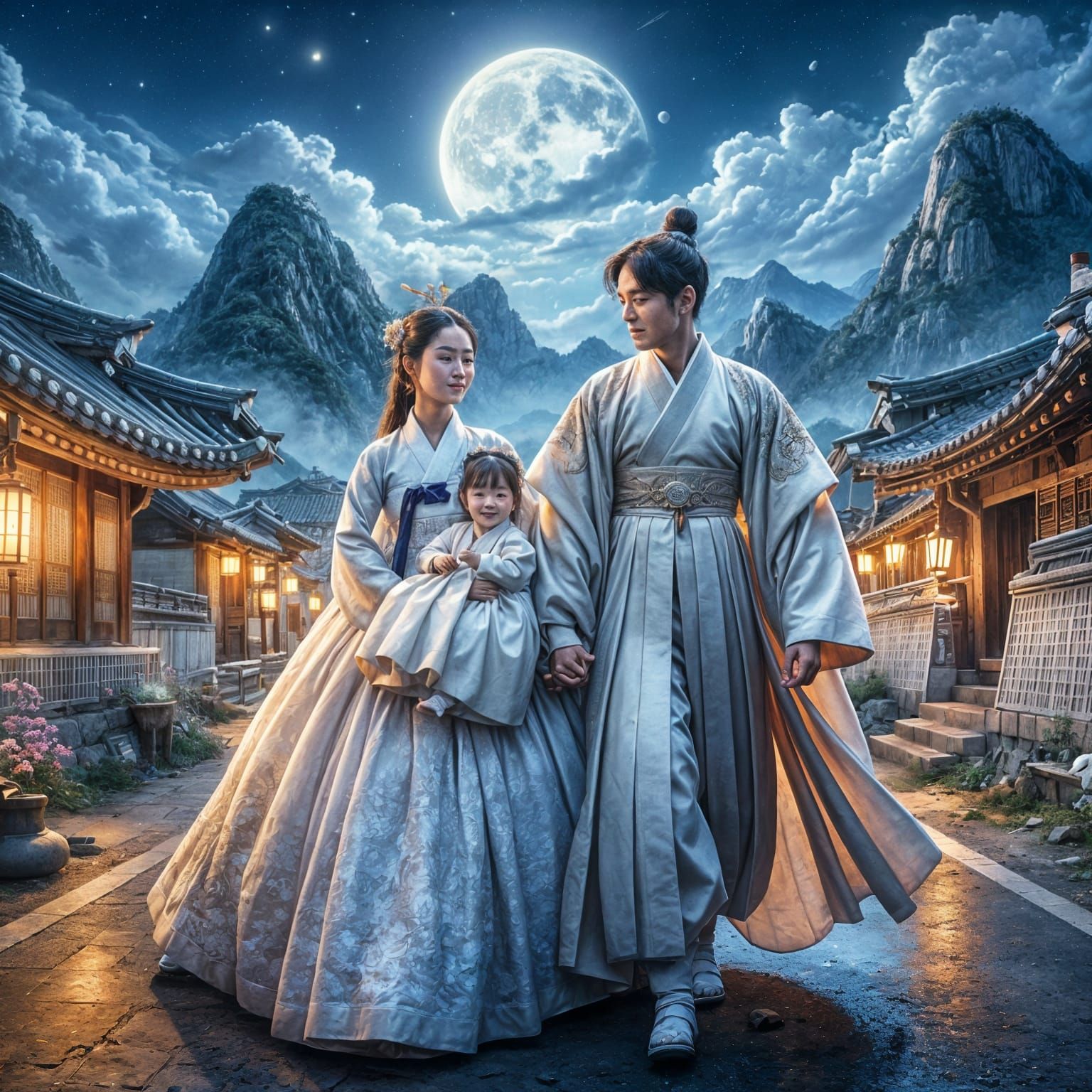 Korean Joseon Dynasty Couple Walks Under Moonlit Night Sky