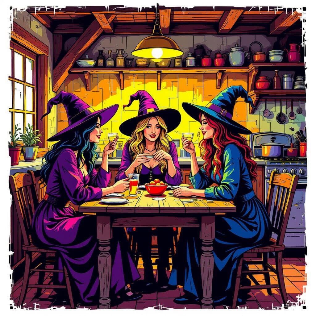 Witches Chatting in Rustic Kitchen, Pop Art Style