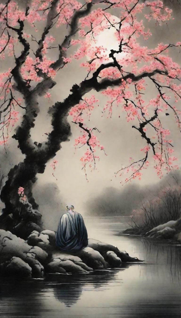 Ink Painting of Man Resting Under Cherry Trees