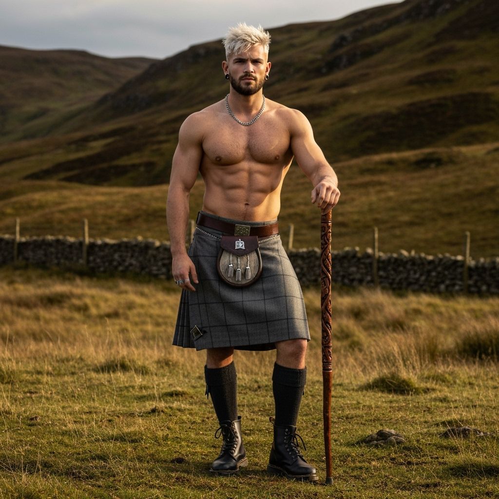 Man in Kilt Stands in Scottish Meadow