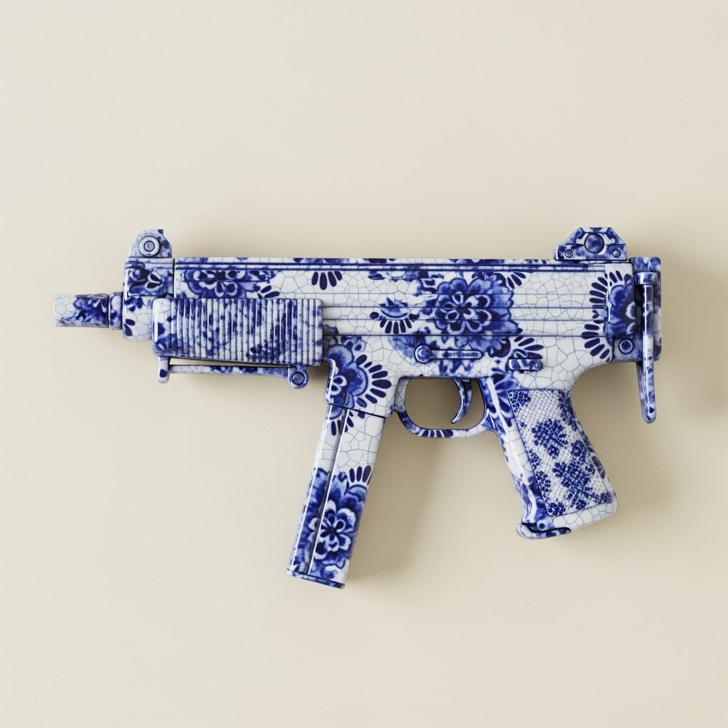 Delft Blue Porcelain Uzi in Pop Art Style