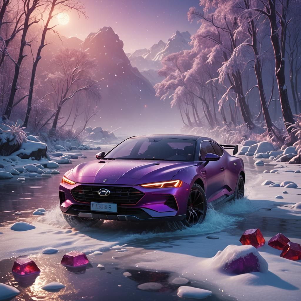Futuristic Car on Frozen River: Fantasy Concept Art