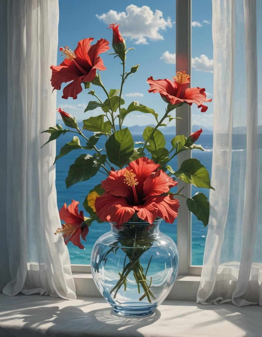 Red Hibiscus by the Sea: Hopper-esque Still Life