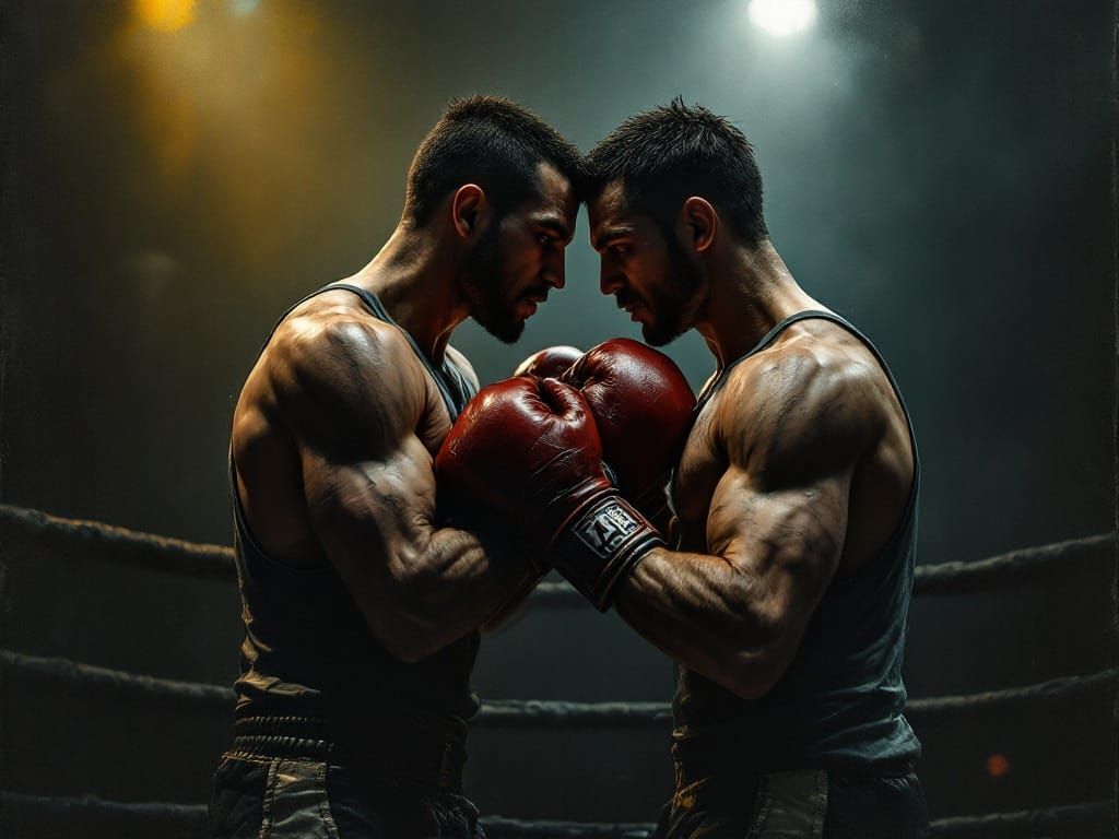 Brothers in Intense Boxing Match, Tender Embrace in Shadows