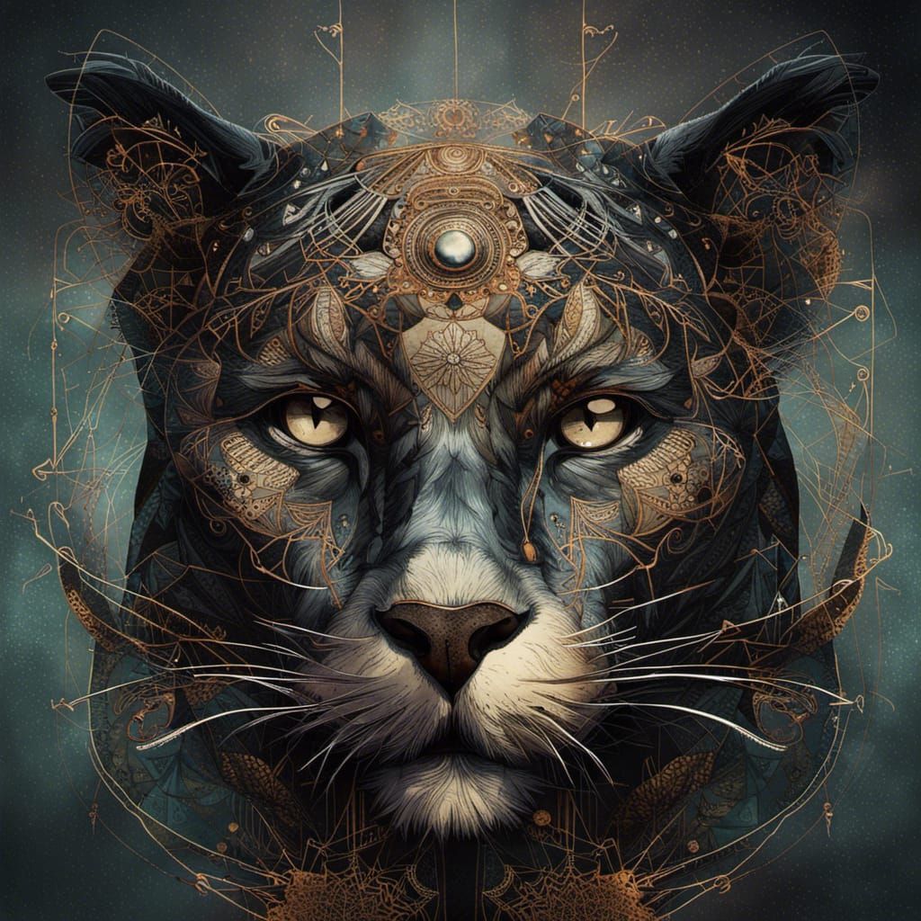 Steampunk Panther Portrait with Copper Filigree Details